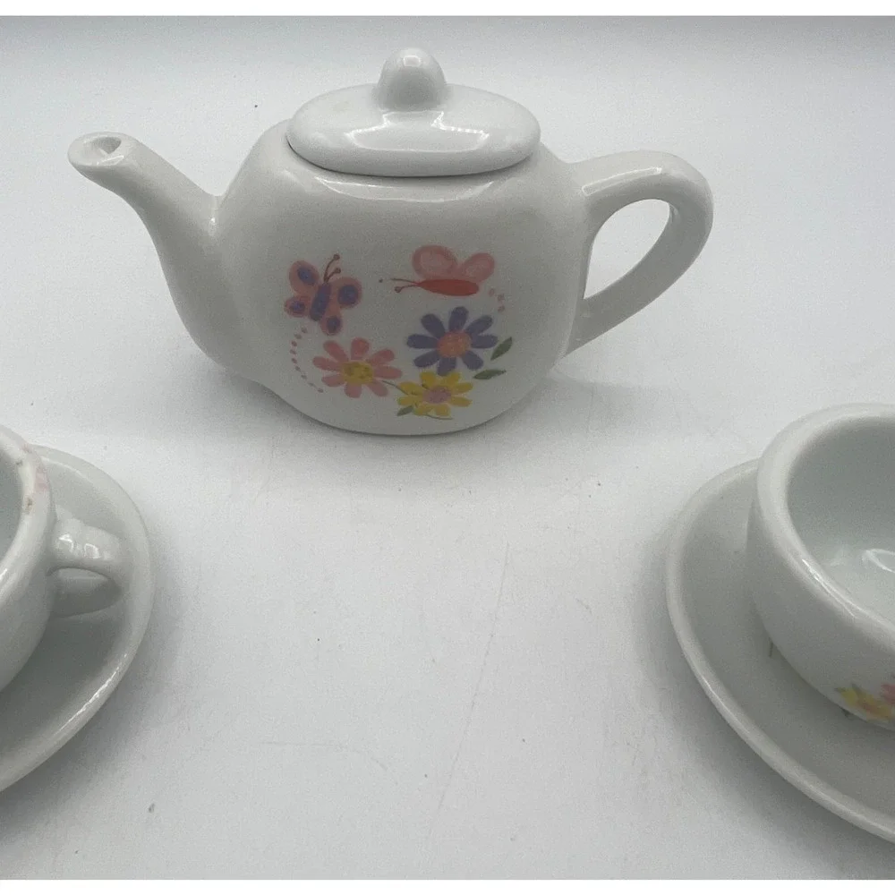 Miniature White Porcelain Tea Set Floral Dollhouse Teapot Cups Saucers 10 Piece